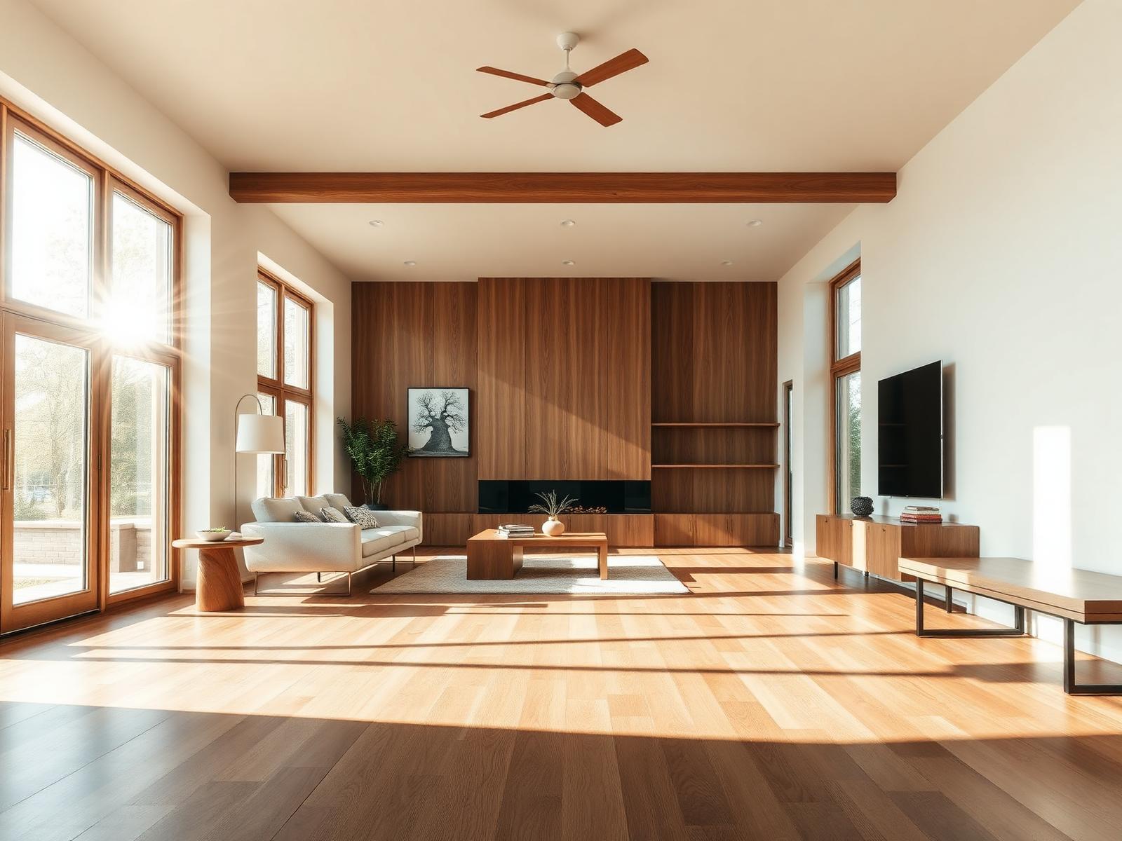 Wide-plank oak floor in a sunlit modern living room